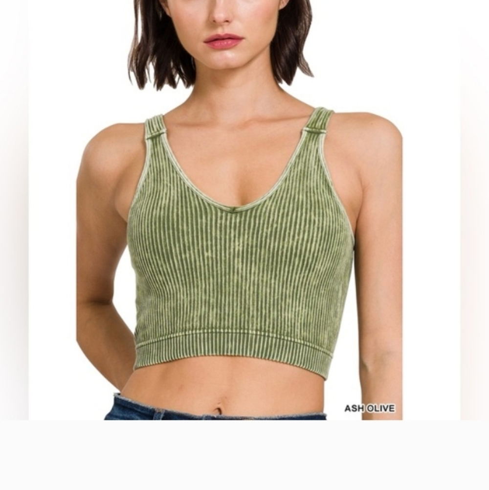New Ash Olive Padded V-Neck Washed Ribbed Tank Top